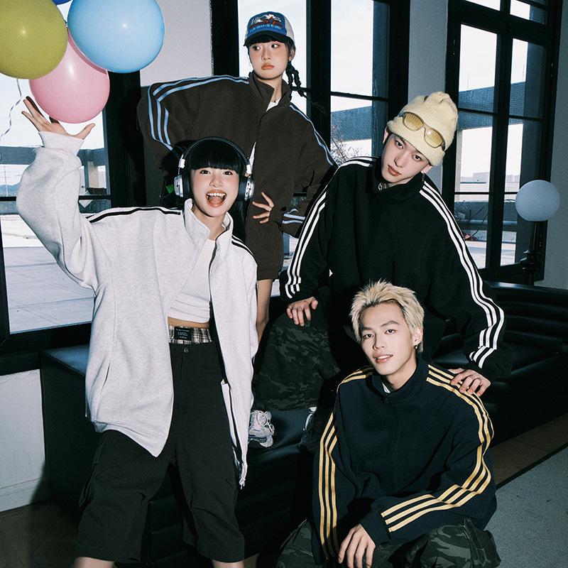 Men's Trendy Striped Stand Collar Jacket for Spring/Autumn - Contrast Color Three-Stripe Cardigan Sweater for Couples.