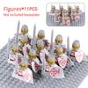 11 Silver Gray Knight Figures w Yel Edge Helm Swords Red Cross Shields White Cloaks No Baseplate