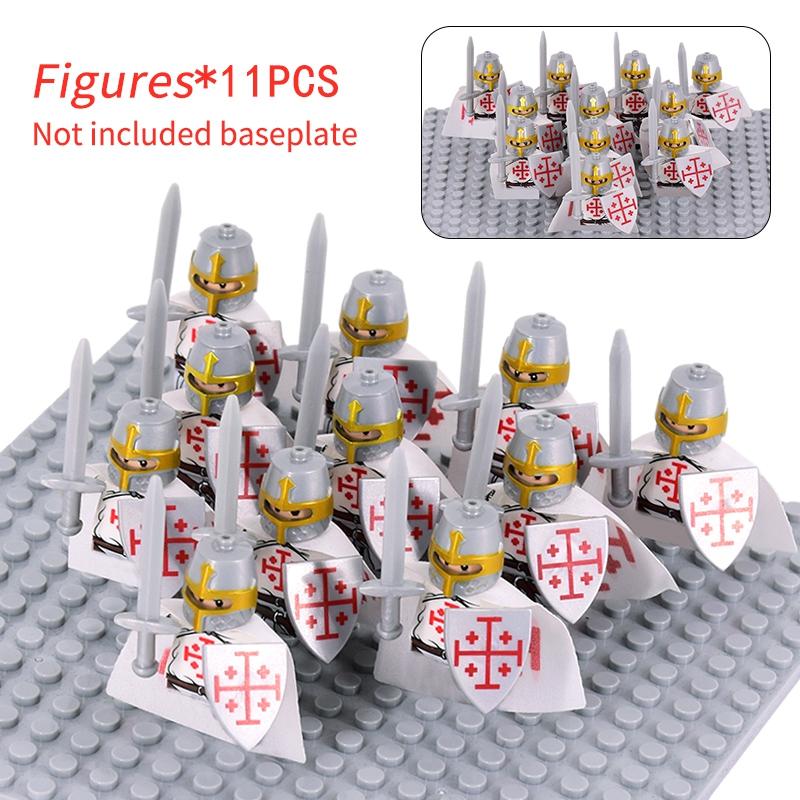 11 Silver Gray Knight Figures w Yel Edge Helm Swords Red Cross Shields White Cloaks No Baseplate