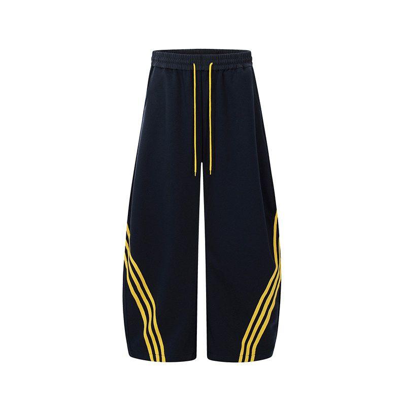 

Black of Exit American Retro Three Bars Contrast Color Wide Leg Matchet Pants Male and Female Trendy Brand Casual Sports Pants Navy Blue X L