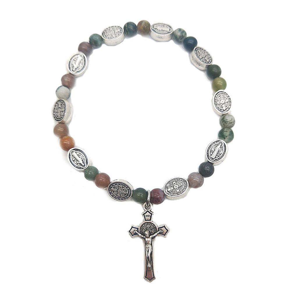 White Bracelet Crucifix Medal-Bracelet Catholic Jewelry Adjustable Crystal Beads