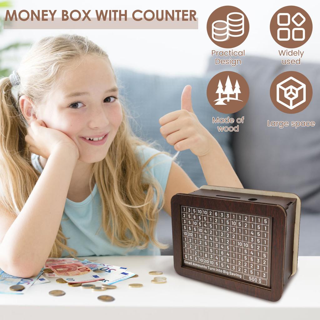 Money Wood Box Piggy Bank Wood Money Bank Large Capacity Cash Savings Box with Saving Goal Numbers Money Boxes Home Decorations