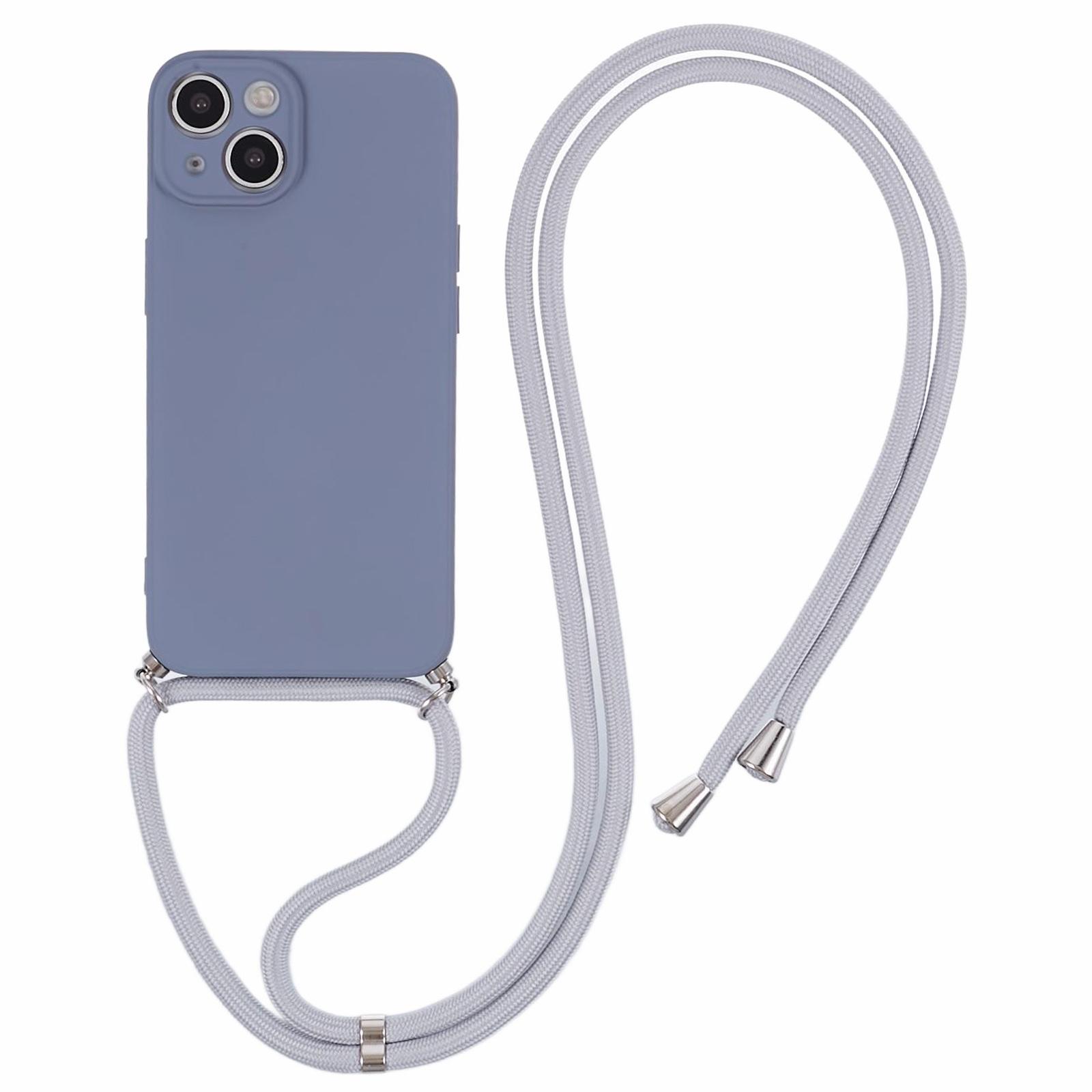 

For iPhone 15 TPU Phone Case Fiber Lining Rubberized Cover with Long Lanyard Lavender Grey