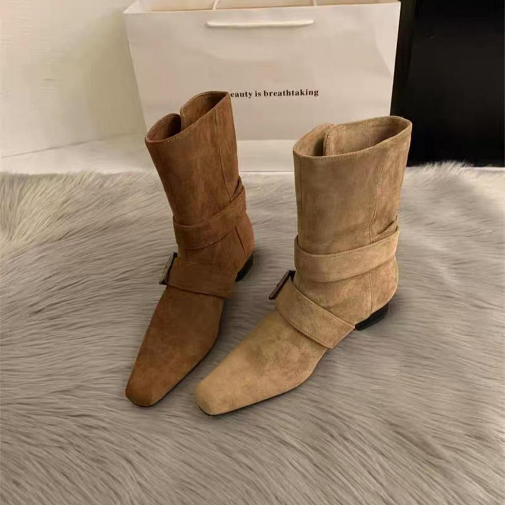 Niche design retro belt buckle fashion boots women's 2025 new French lazy style square head western medium boots