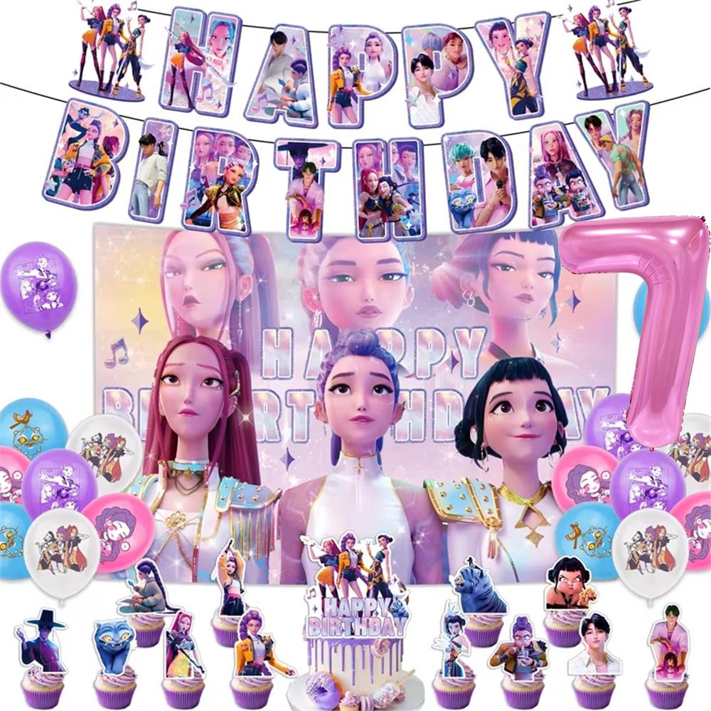 Kpop Demon Birth Date Celebration Decoration Hunter Group Birth Date Celebration Supplies Huntrix Kpop Anime Cake Topper Balloons Hanging Flag