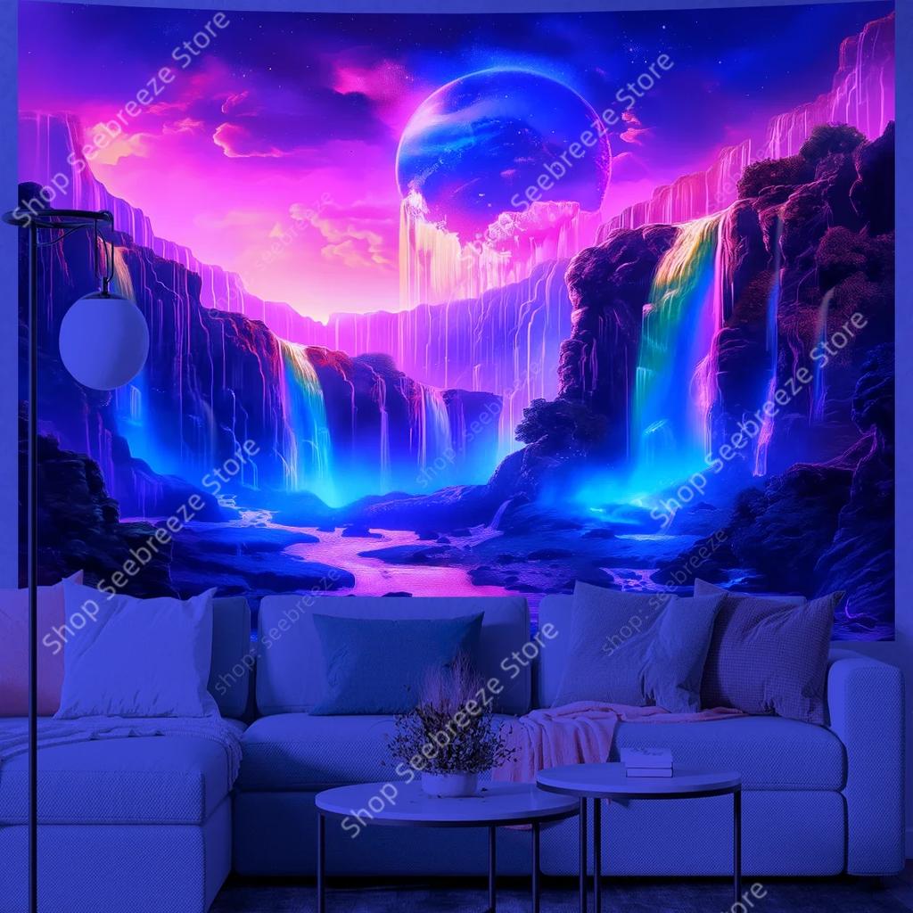 Flowing Colorful Waterfall Tapestry, Galaxy Mountain Nature Landscape UV Reactive Art Poster for Dorm Living Room Hippie Decor