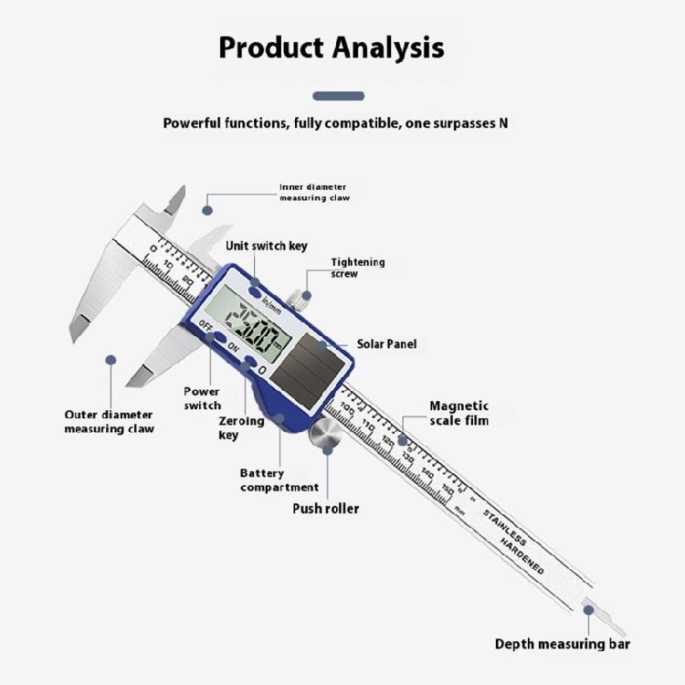 Stahl Solar Digital Messschieber 150mm Messbereiche Hochgenaues Messwerkzeug mit kleinem Koffer für industrielle Anwendungen