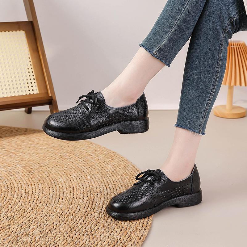 2026 Spring Summer Genuine Leather Women Casual Shoes Comfort Flat Round Toe Mother Shoes for Daily Wear Plus Size 41
