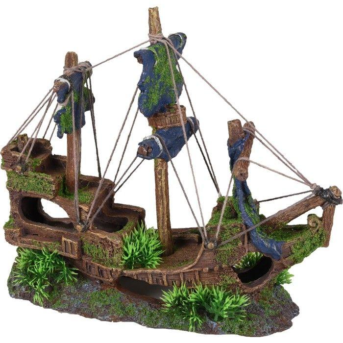 Décoration aquarium grande épave de navire cachettes poissons 31 cm