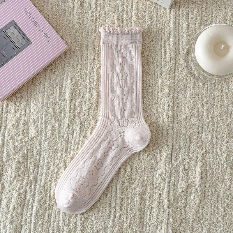 Spring/Summer Lightweight Children's Lace-Free Breathable Ear-Notched Padded Stockings with Bubble Edges and Lace Mid-Calf Length Socks