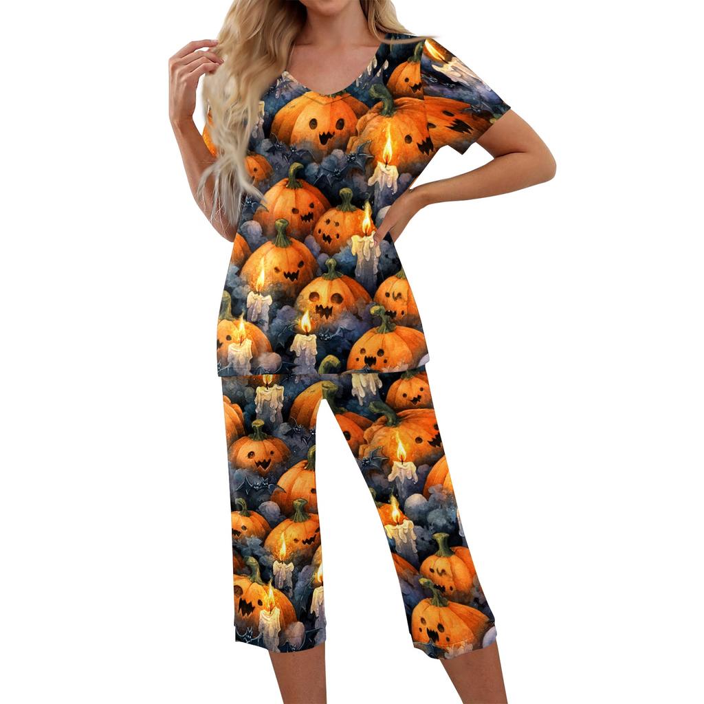 Women Two Piece Set Halloween Print Short Sleeve Top and Capri Pants Lounge Wear Casual Pajama Set