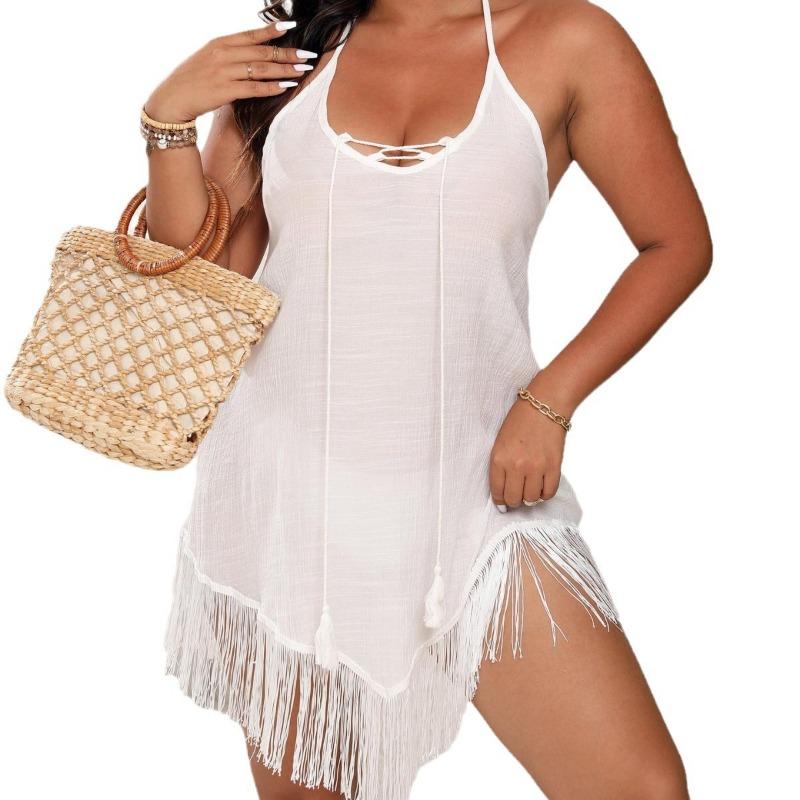 Kadın Saçaklı Patchwork Bağcıklı Seksi Sırtı Açık Bikini Smock Plaj Elbisesi