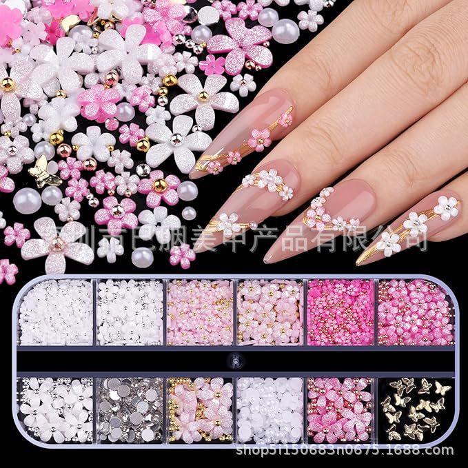 12-Grid Five-Petal Flower Nail Art Decorations with Gold & Silver Beads, 3D Resin Flowers for Nails