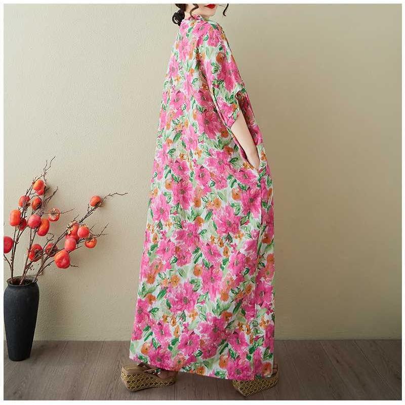 Women's Vintage Long Dress with Cotton and Linen Patterns