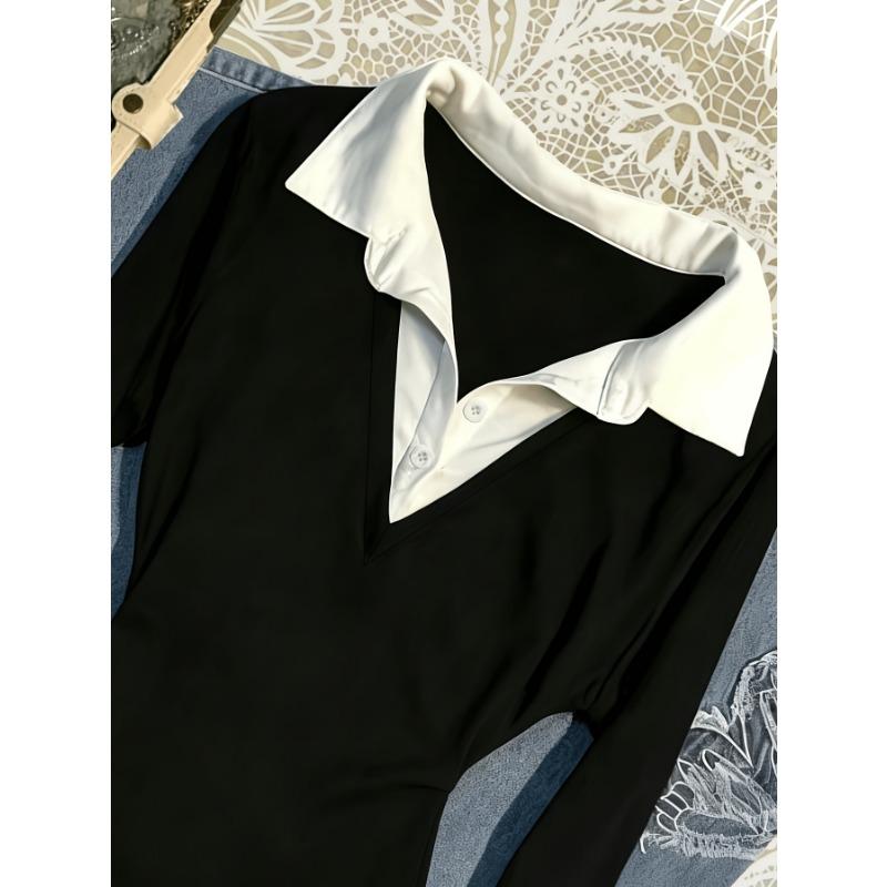 Women S Long Sleeve Polo Shirt Color Block Knit Top