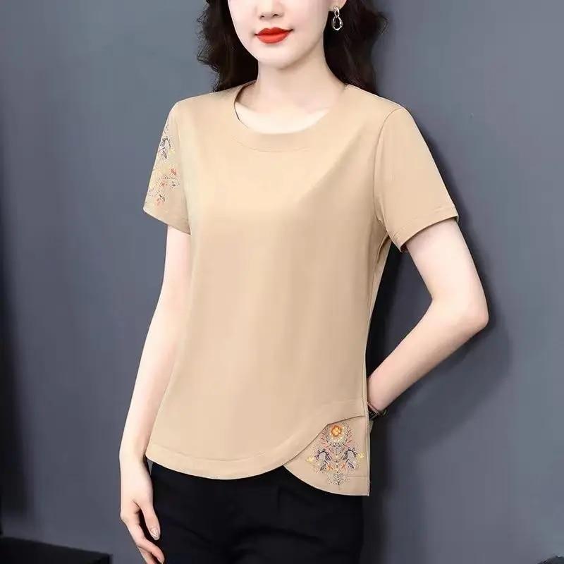 Women's T-shirt Summer Short Sleeve Loose Pullover Solid Vintage Round Neck Embroidery Printing Fashion Elegant Plus Size Tops