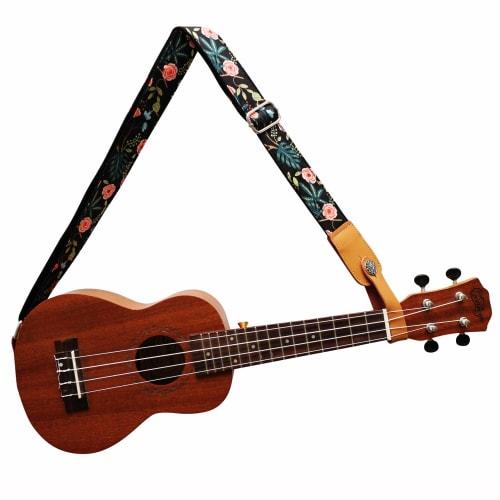 MUSIC FIRST Original Design "Dark Night Garden" Soft Cotton & Genuine Leather Ukulele Strap, Ukulele Shoulder Strap with One Branded Strap Locker
