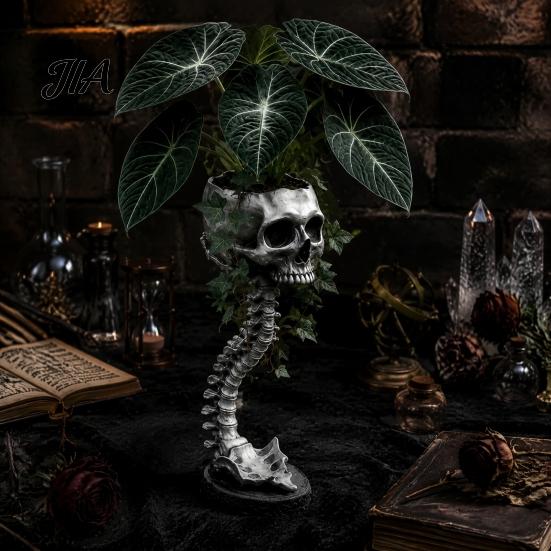 Unique Candy Dish Storage Gothic Skull Spine Planter, Resin Skeleton Planter Pot, Horror Halloween Indoor Outdoor Statue Flower Vase, Spooky