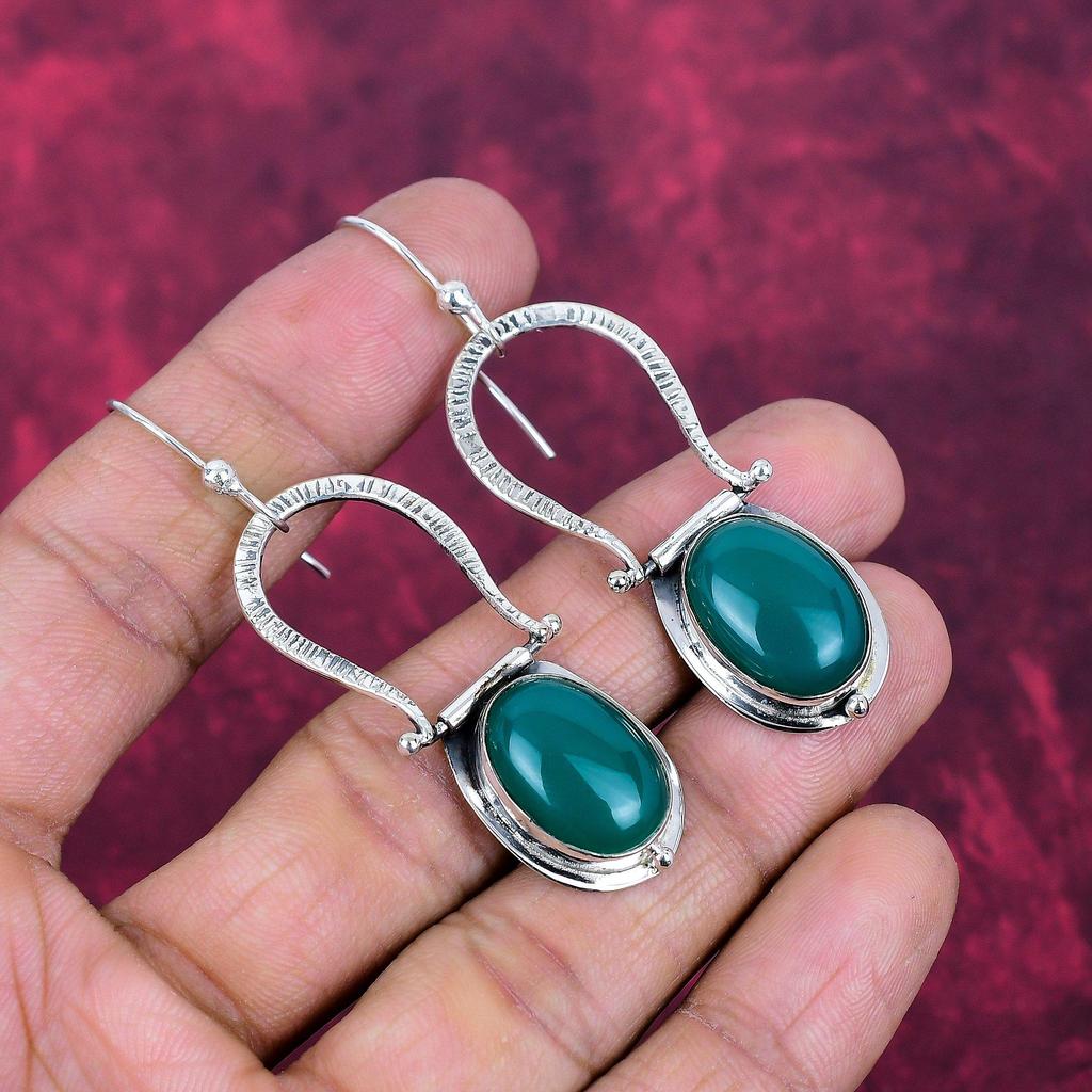 Green Onyx Cab Gemstone Earrings, 925 Solid Sterling Silver Jewelry, Handmade Beautiful Earrings For Wedding Gift