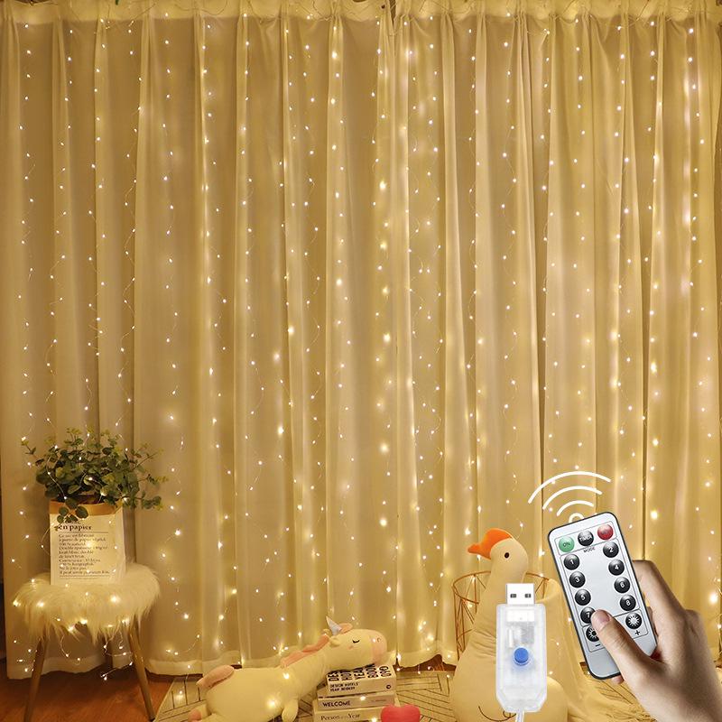 USB Remote-Controlled LED Curtain String Lights - 3x3m Alloy Wire for Christmas and Holiday Decor