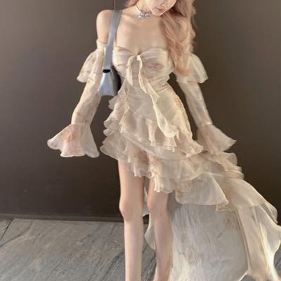 Spring and Autumn New Women's Sexy Ruffled Long Sleeve Shoulder Irregular Dress