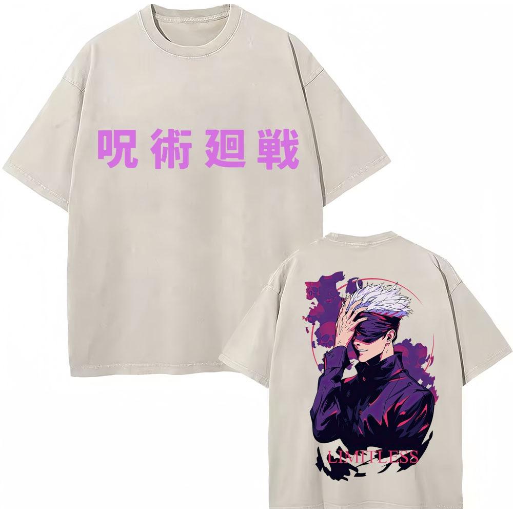 Japan Anime Jujutsu Kaisen Gewaschene T-Shirts Satoru Gojo Geto Suguru T-Shirt Lässig Baumwolle Oversized Harajuku T-Shirt