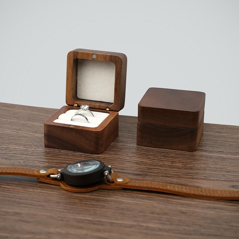Multifunctional Small Jewelry Box Square Shape Organizer Mini Wooden Ring Box Soft Interior Holder for Proposal Wedding