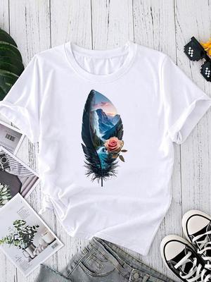 (Asian Size) Women's Top T Clothing Feather Trend Cute Print Short Sleeve T-shirts Fashion Female Casual O-neck Graphic Tee