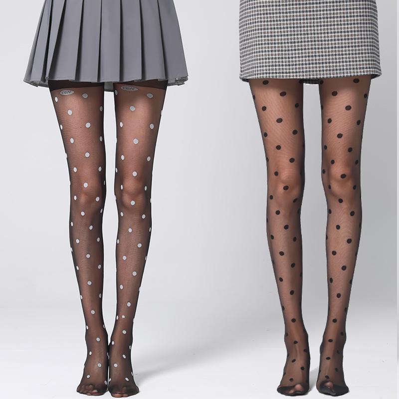 Women's Ultra-Thin Black Polka Dot Stockings, Summer-Autumn, Anti-Snag, Sexy, Butt-Lifting, Large Dots