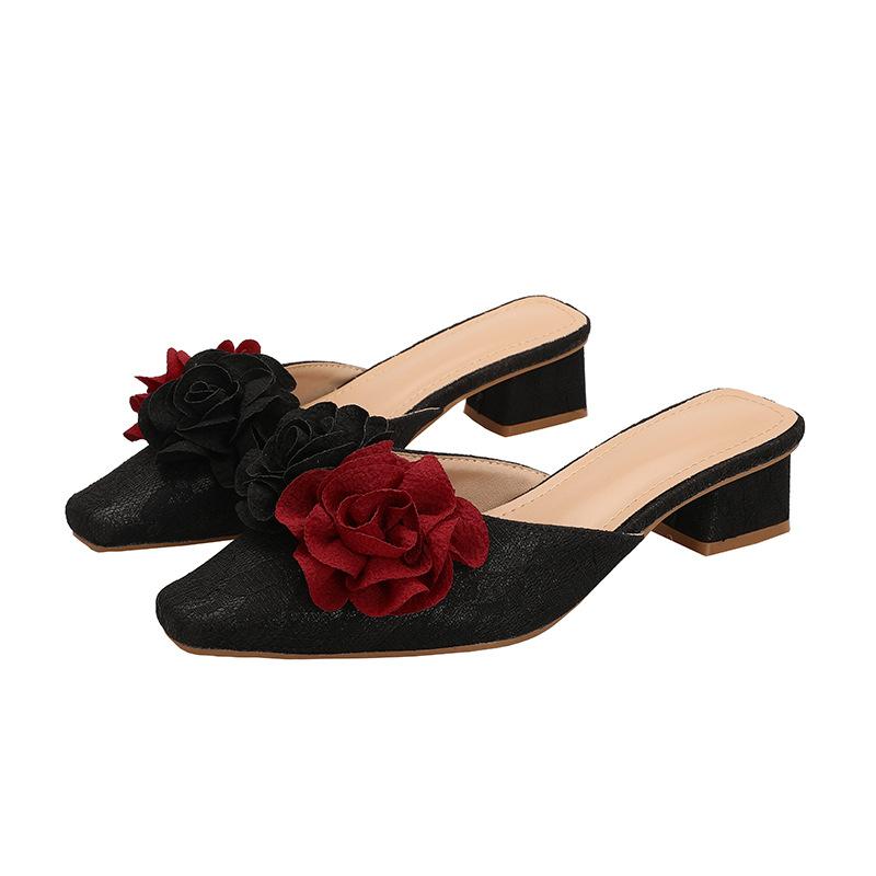 

Модные женские шлепанцы с цветком смешанных цветов, квадратный носок, средний высокий каблук, слайды, туфли-мюли, кружево, цветочный, массивный каблук, праздничные туфли, большой размер 43 35 чёрный