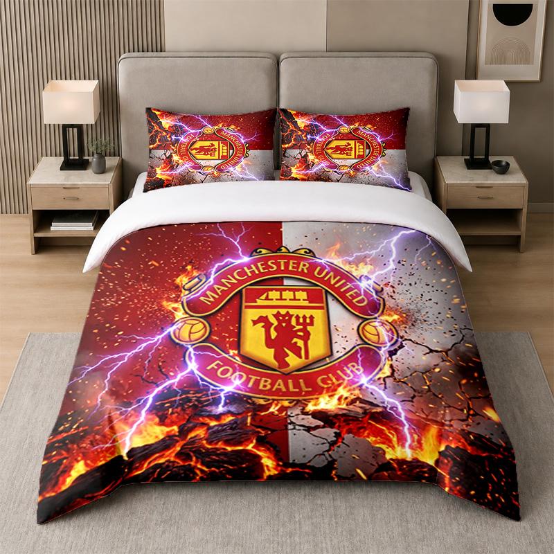 Set Biancheria da Letto 3 Pezzi Manchester United Lenzuolo Morbido e Due Federe Decorazione Camera da Letto Casa
