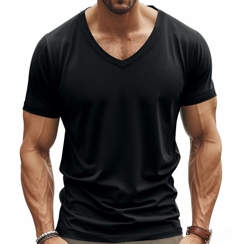 Men V Neck Short Sleeve Tee Solid White Slim Fit Casual Basic Top S чёрный