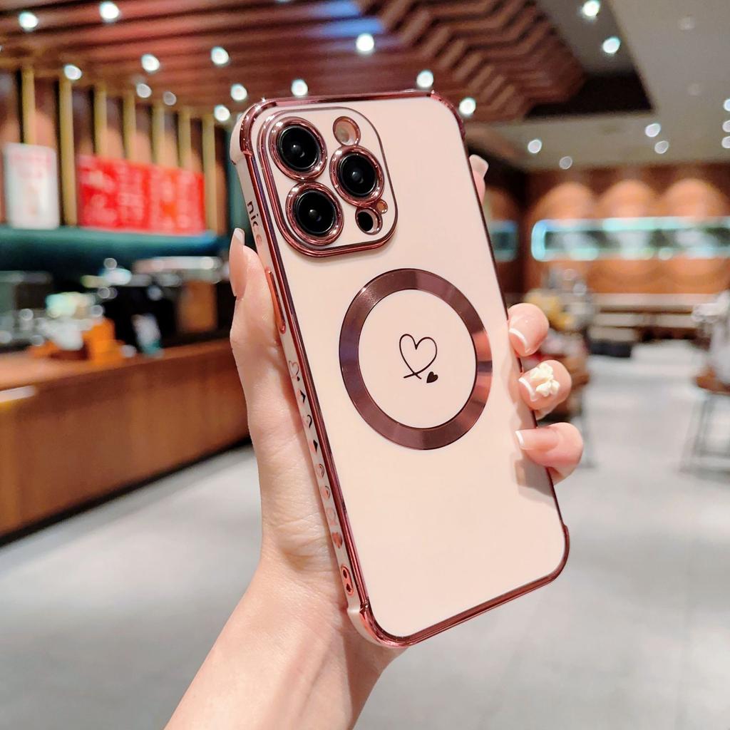 Applicable To iPhone17Promax Electroplating Double Love Mobile Phone Case Apple 16Pro Magnetic Anti-drop 15 Protective Case