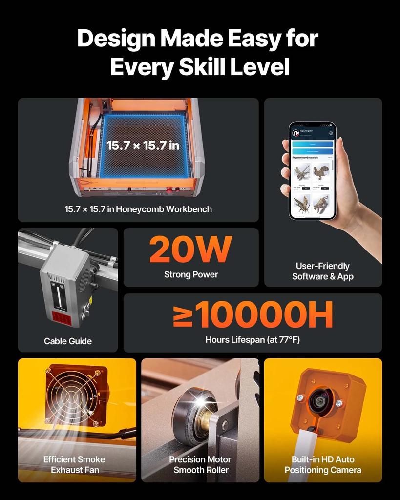VEVOR Laser Engraver, 20W, Laser Engraving and Cutting Machine with Enclosure Camera, Laser Cutter, 400 x 400 mm Working Area, 30000 mm/min, for Wood