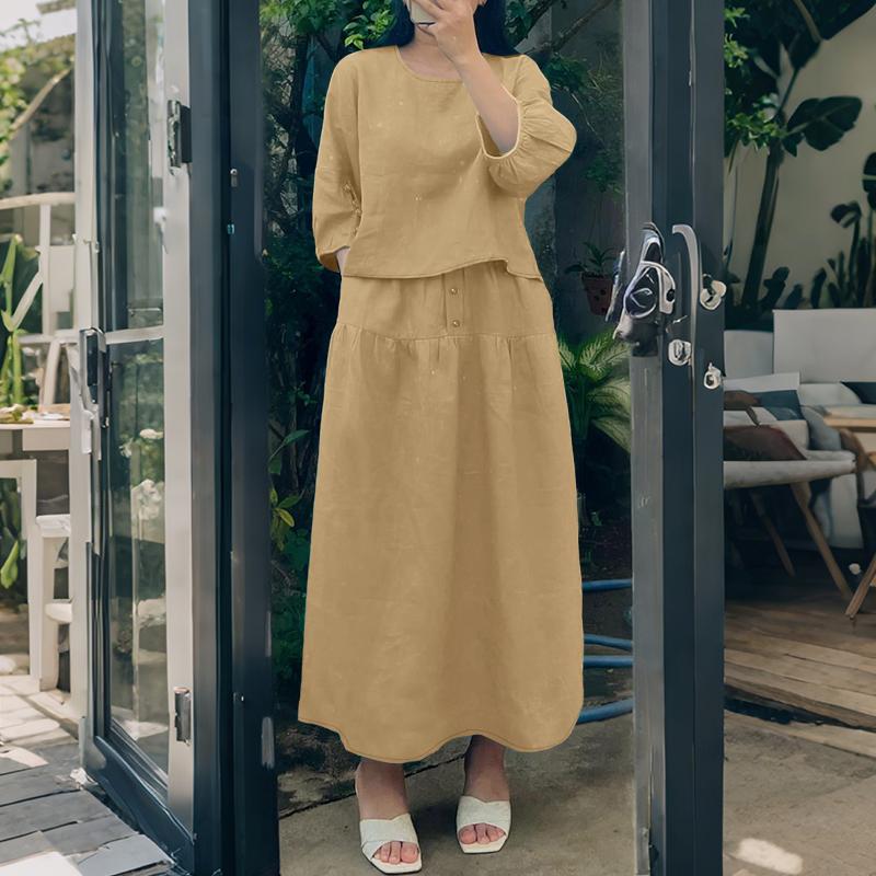 

ZANZEA Женская блузка с полурукавом и длинные юбки Летние костюмы-двойки L хаки