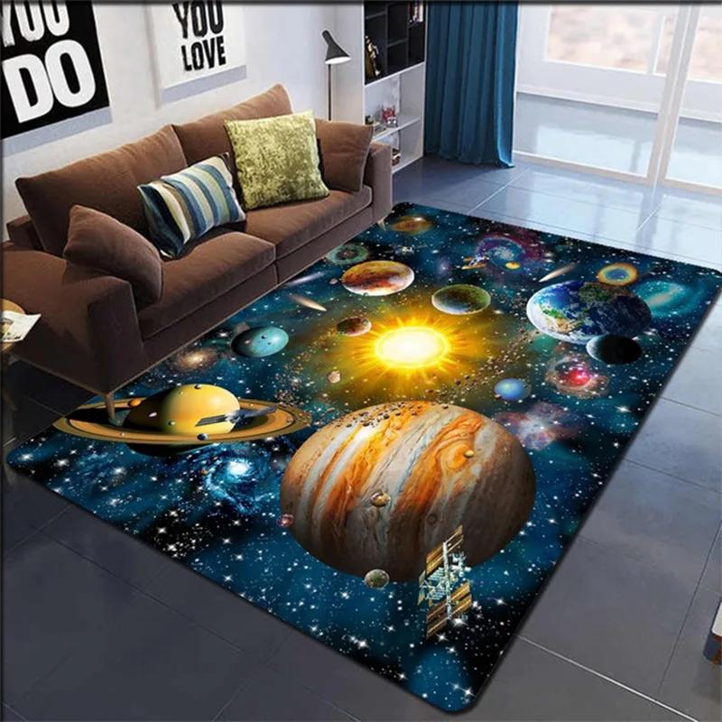 Cartoon Cute Space Pattern Carpet Universe Planet Print Floor Mat For Living Room Non-slip Washable Bedroom Area Rug Home Decor