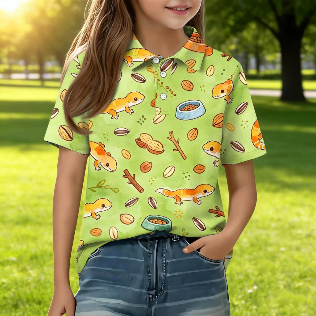 Kids Short Sleeve Polo Shirt Animal Print Casual Top Button Collar Boys Girls Lightweight Summer Tee