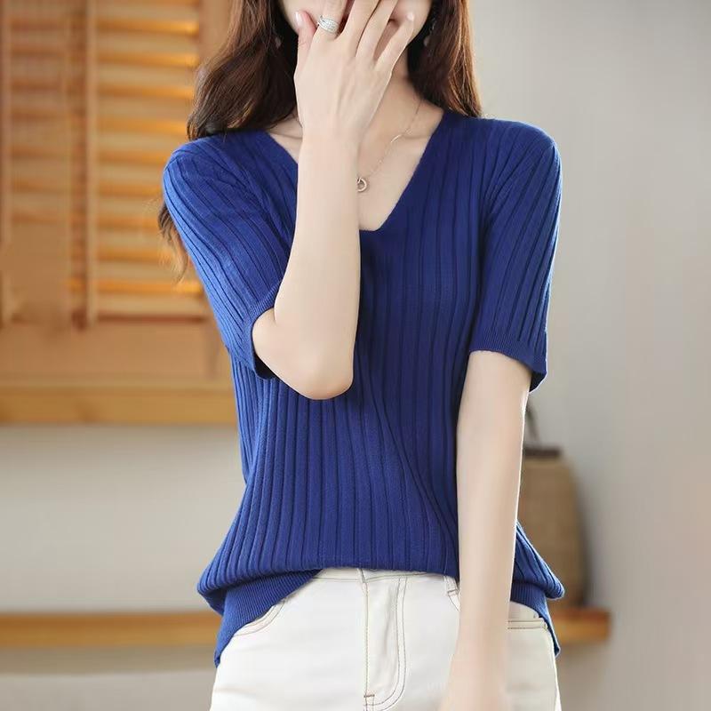 Women's Fashion Loose Knit Sweater Bottom Shirt V-Neck Pullover Half Sleeve Solid Color Top