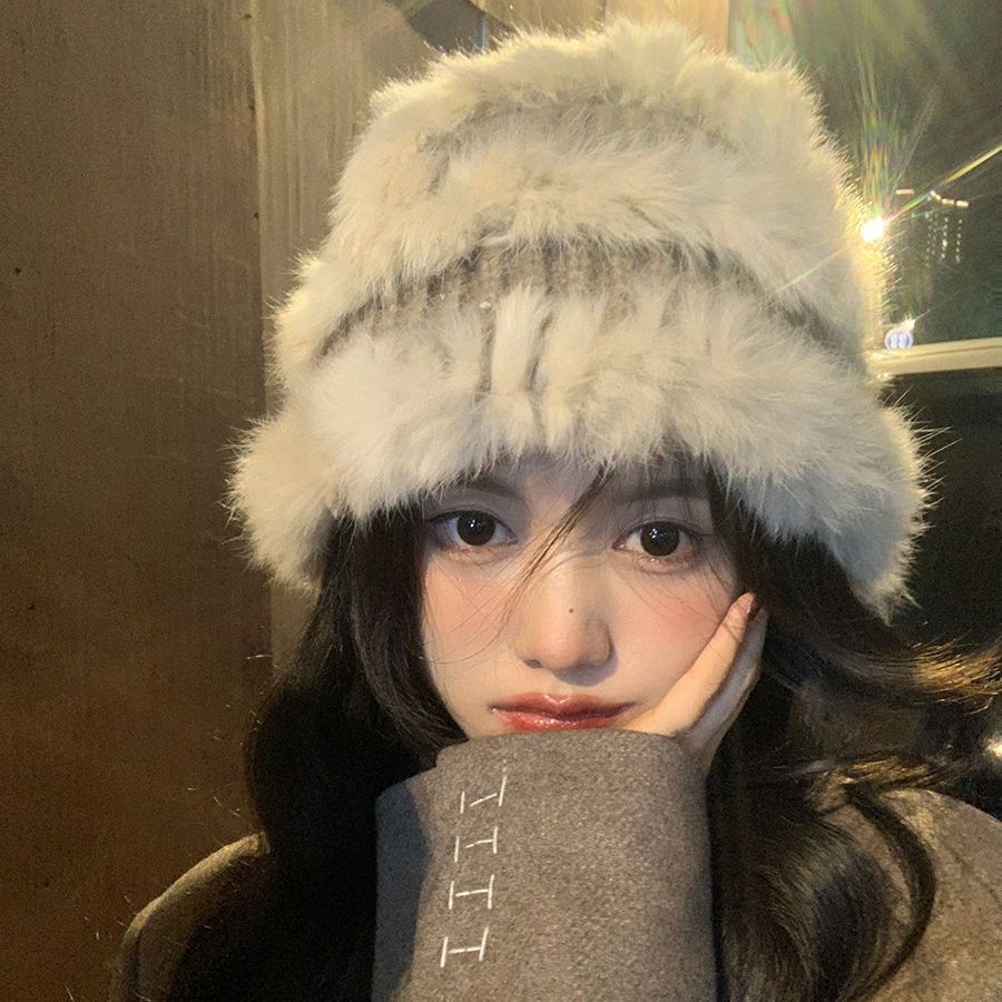Rabbit Fur Knitted Plush Hat Women'S Autumn And Winter Furry Bucket Hat Big Head Circumference Showing Face Small Wool Hat