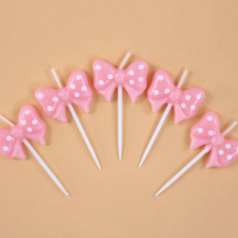 New Pink Birthday Cake Candles Creative Party 5 PVC Boxed Polka Dot Bow Candles