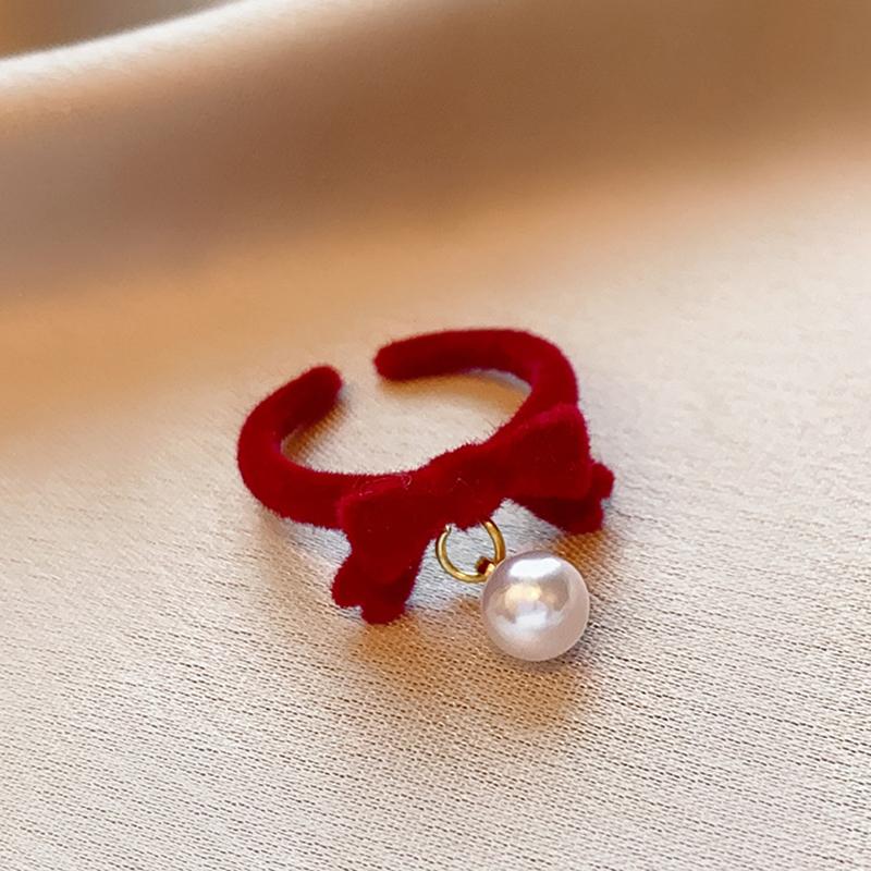Winter Flocking Design Pearl Bowknot Rings for Women Fashion Exquisite Opening Finger Ring Sweet Christmas Jewelry Accessories
