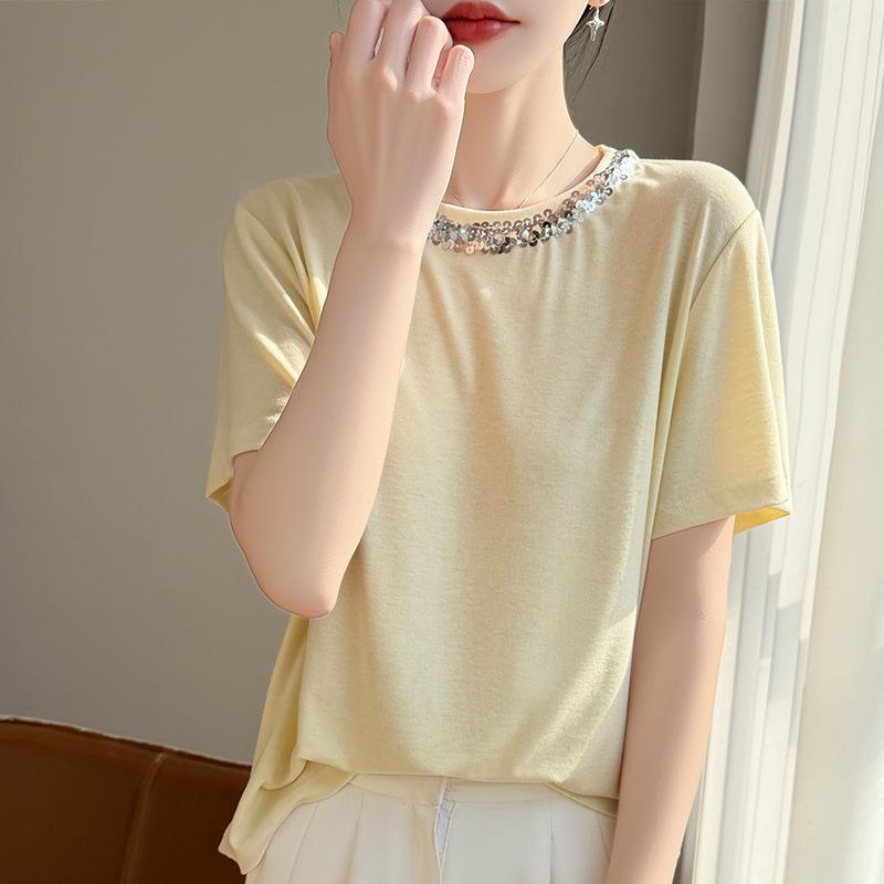 Spring and Summer Heavyweight Sequin Solid Color Base Shirt T-Shirt New Round Neck Knitted Shirt Short Sleeve Women's