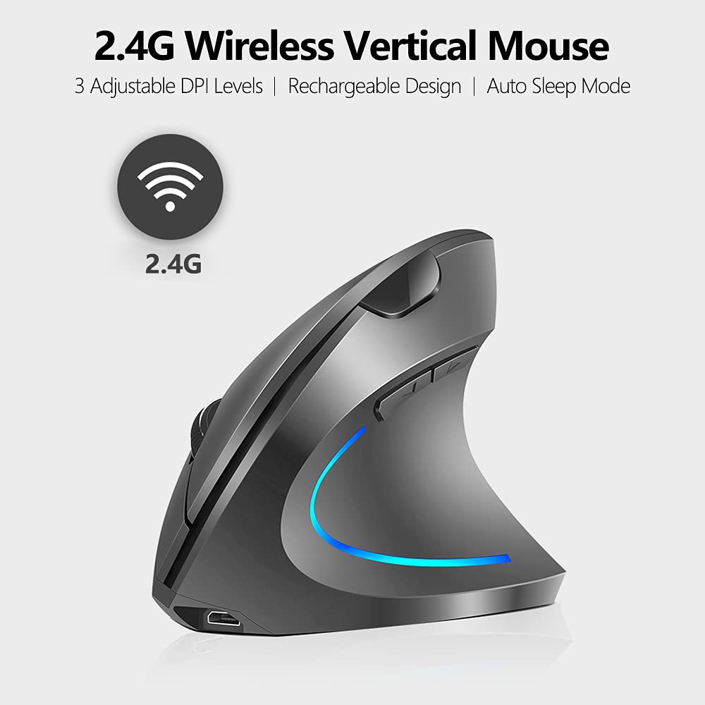 Vertical Mouse, 2.4G Rechargeable Upright Ergonomic Mouse with 3 Adjustable DPI Levels, RGB Fluorescent Light, Plug-in & Play, Gray