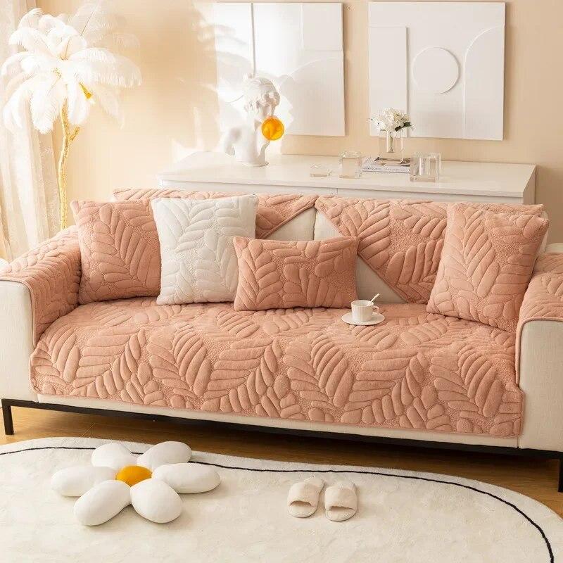 Thicken Short Plush Sofa Cover Living Room Leaves Jacquard Sofa Towel Anti-slip Solid Color Sofa Protector Slipcovers Removable