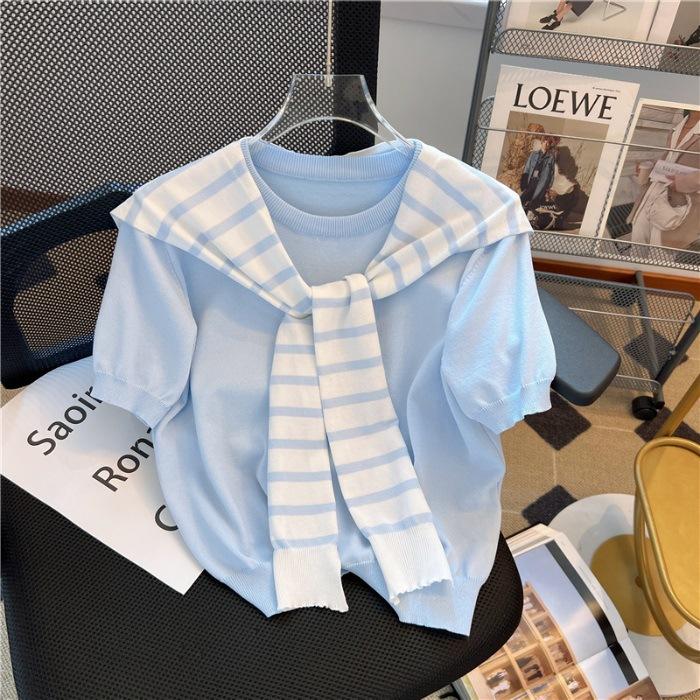 Short-sleeved knitted sweater with shawl chic Korean version fake two-piece top small shirt women's summer versatile trend fashion