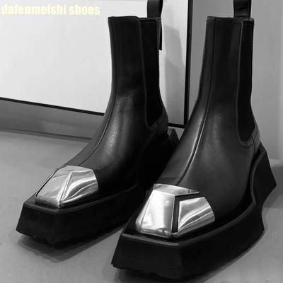 Fashion Metal Stitching Fashion Square Toe Boots 2025 Women's Style Thick Sole Motorcycle Style Slip On Short Boots Black Real Leather