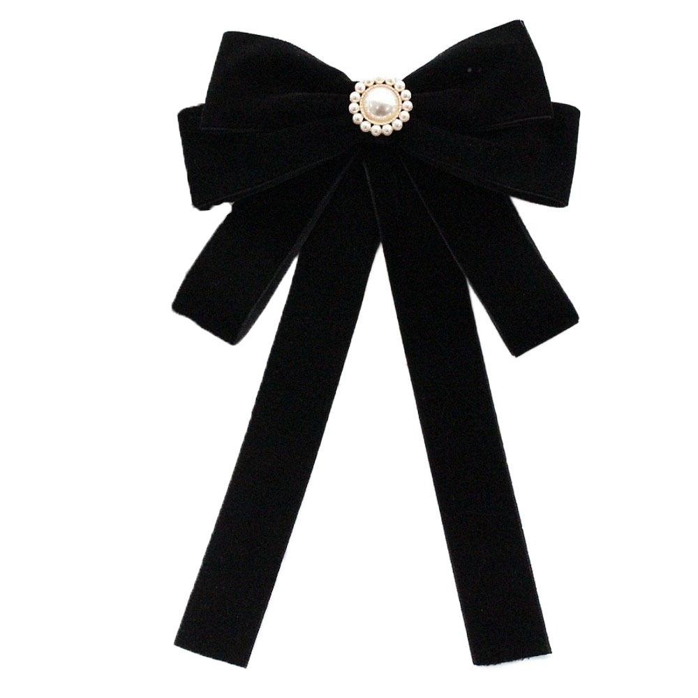 

Velvet Black Bow Necktie Beads Ribbon Badge Brooch Simple Funerals Memorial Pin Men Style B