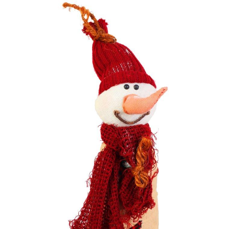 Standing Snowman Made of Natural Materials In Red, 40 Cm