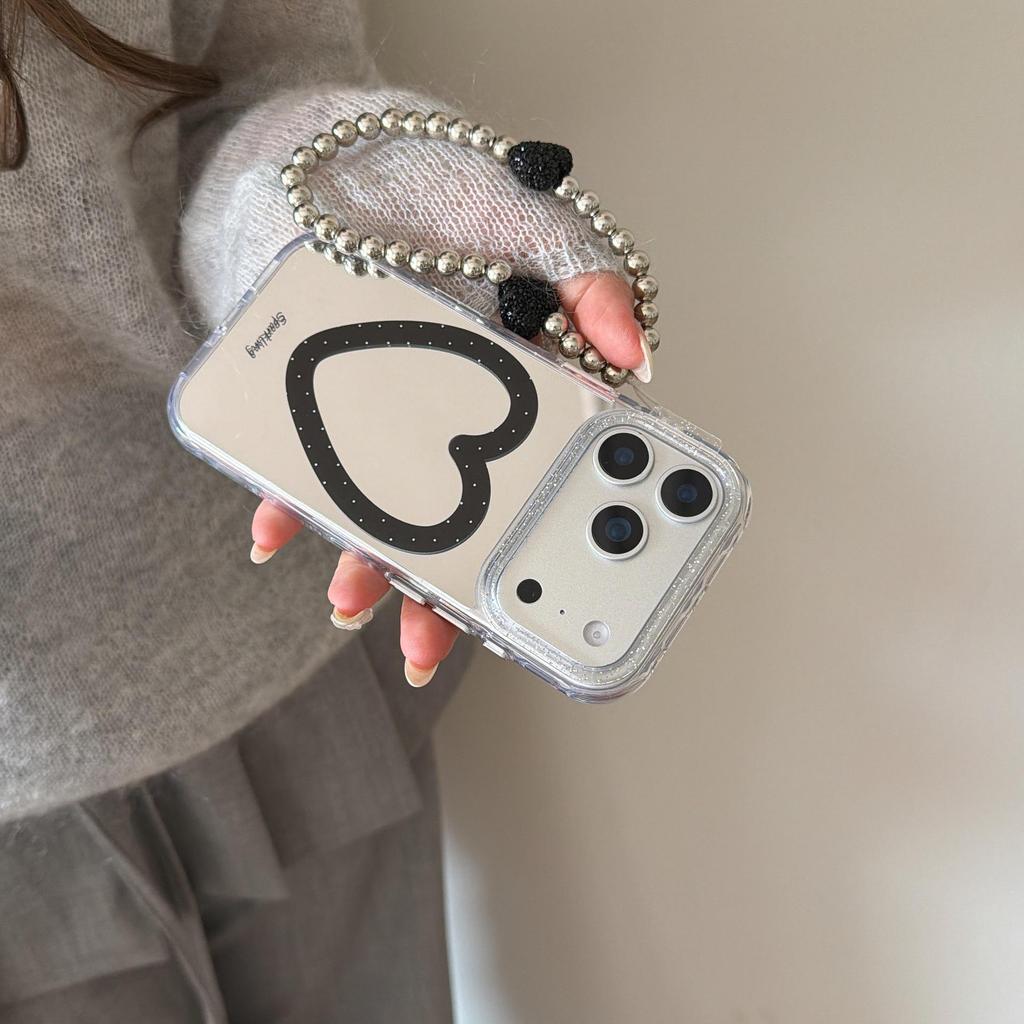 Korean-Style Black Heart Mirror Phone Case for iPhone 15/16/17/17 Pro Max (Female)