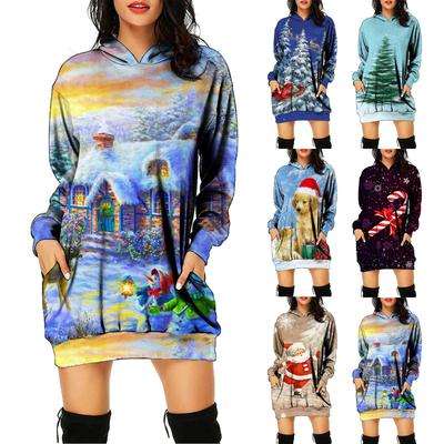 Damen Herbst- und Winter-Kapuzen-Sweatshirtkleid, Kleid mit Weihnachtsdruck